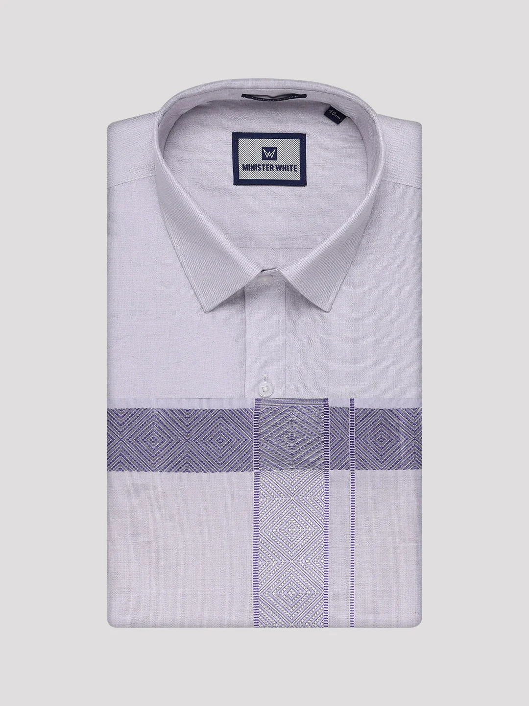 Men's Lavender Tissue Shirt and Dhoti Set with Intricate Jacquard Border Plum - Image 5