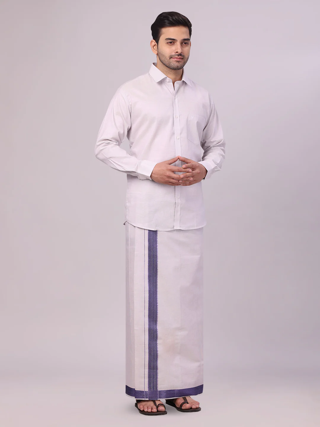 Men's Lavender Tissue Stripe Shirt and Dhoti Combo with Jacquard Border Kane - Image 2