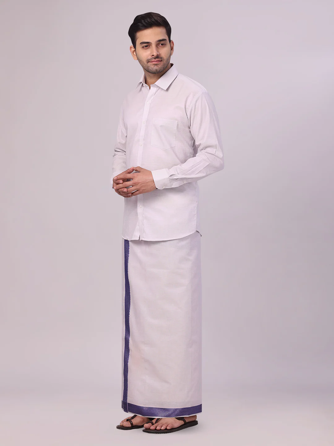 Men's Lavender Tissue Stripe Shirt and Dhoti Combo with Jacquard Border Kane - Image 3
