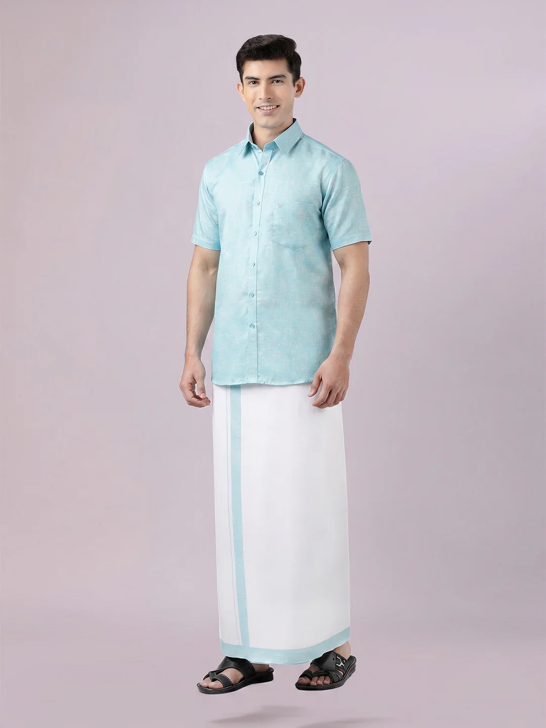 Men's Light Aqua Color Digital Printed Shirt with Matching Printed Border Dhoti Combo Varnam - Image 2