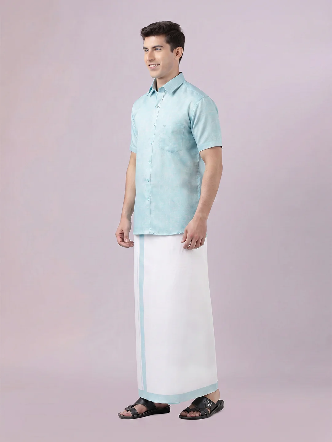 Men's Light Aqua Color Digital Printed Shirt with Matching Printed Border Dhoti Combo Varnam - Image 3