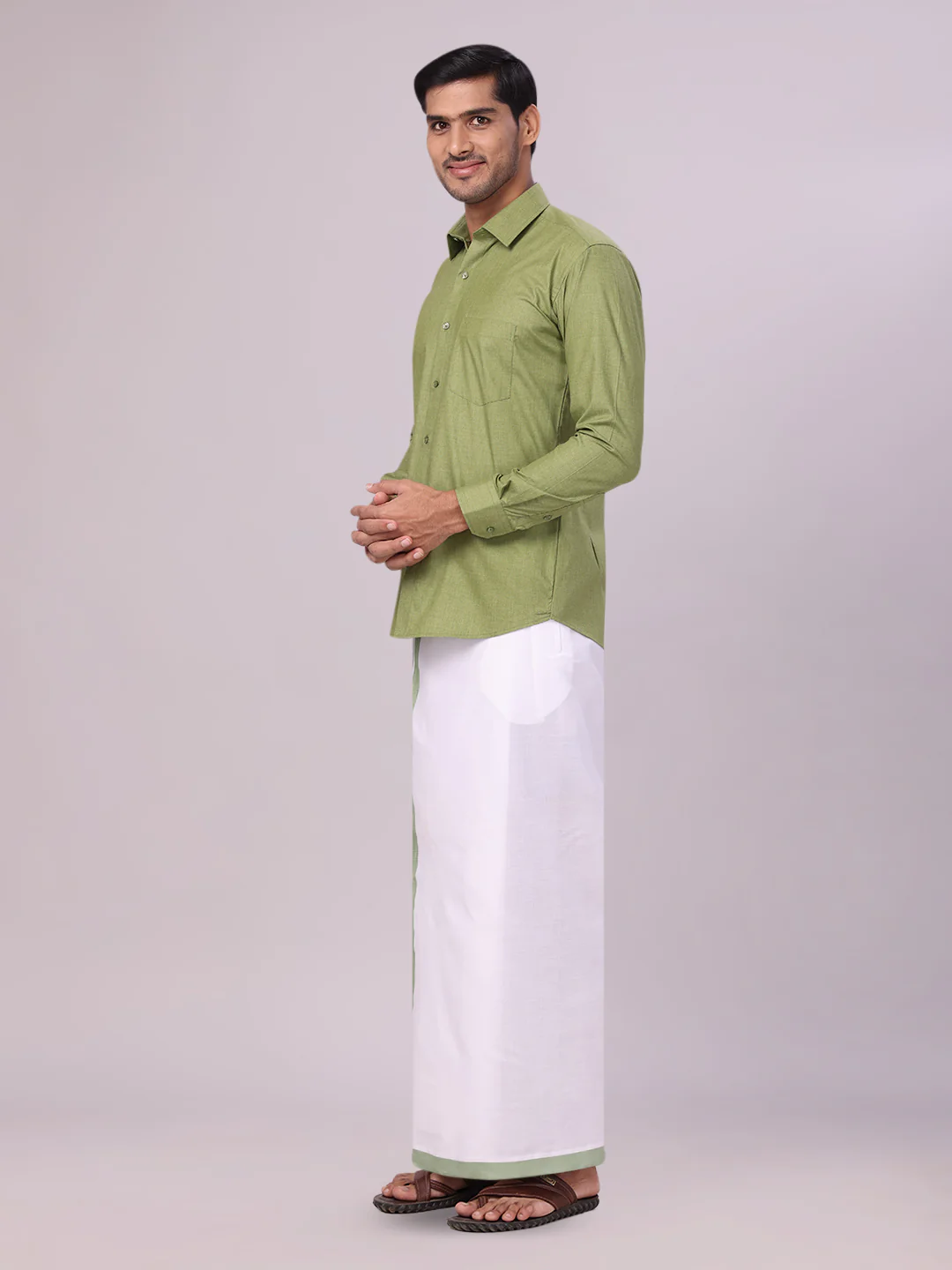 Men's Light Green Shirt with Matching Border Flexi Dhoti Combo Casper Flexi - Image 4