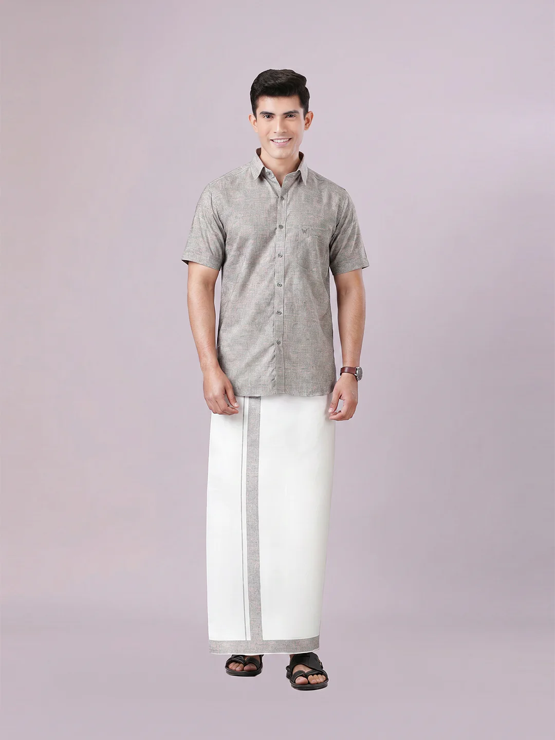 Men's Light Grey Color Digital Printed Shirt with Matching Printed Border Dhoti Combo Varnam - Image 2