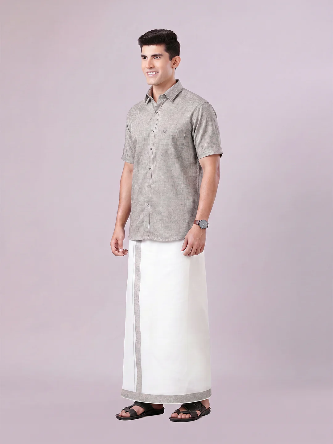 Men's Light Grey Color Digital Printed Shirt with Matching Printed Border Dhoti Combo Varnam - Image 3
