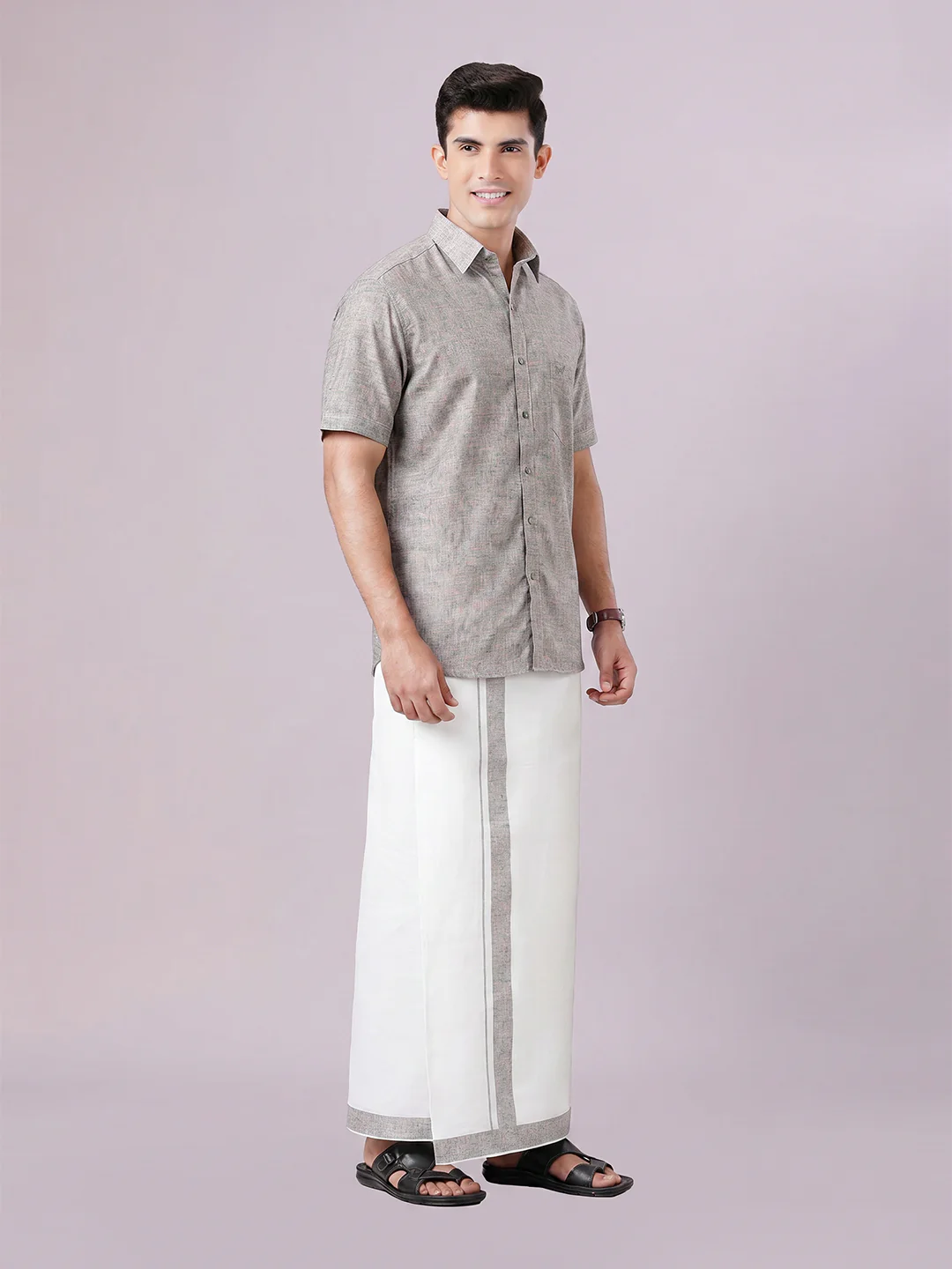 Men's Light Grey Color Digital Printed Shirt with Matching Printed Border Dhoti Combo Varnam - Image 4