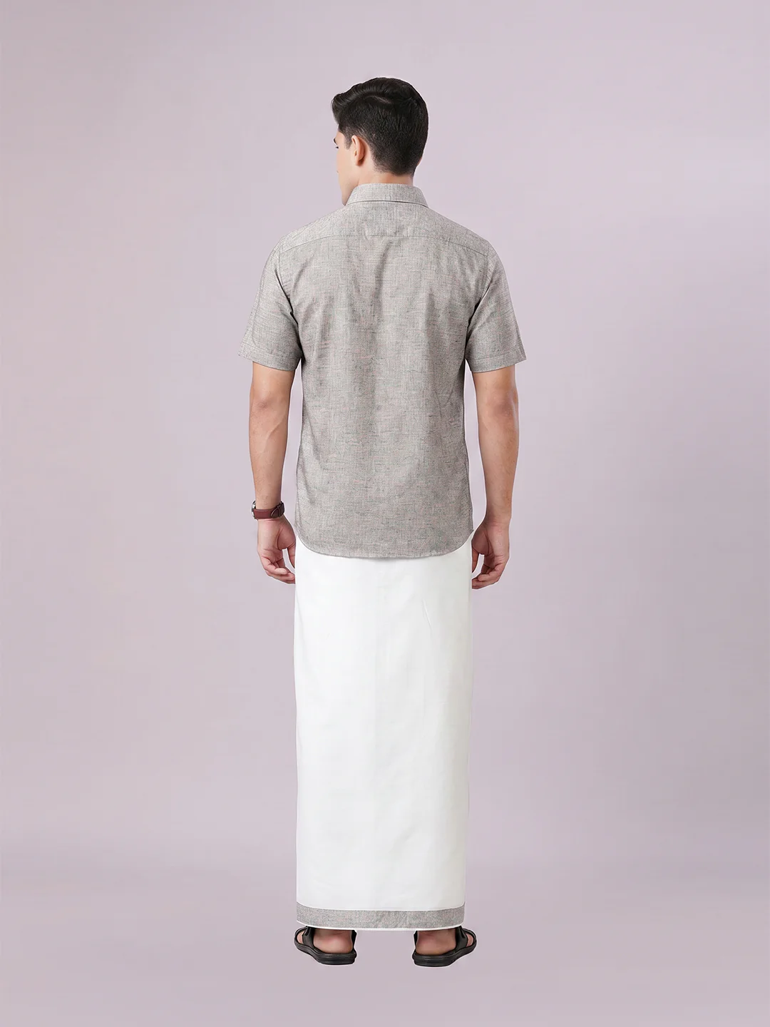 Men's Light Grey Color Digital Printed Shirt with Matching Printed Border Dhoti Combo Varnam - Image 5