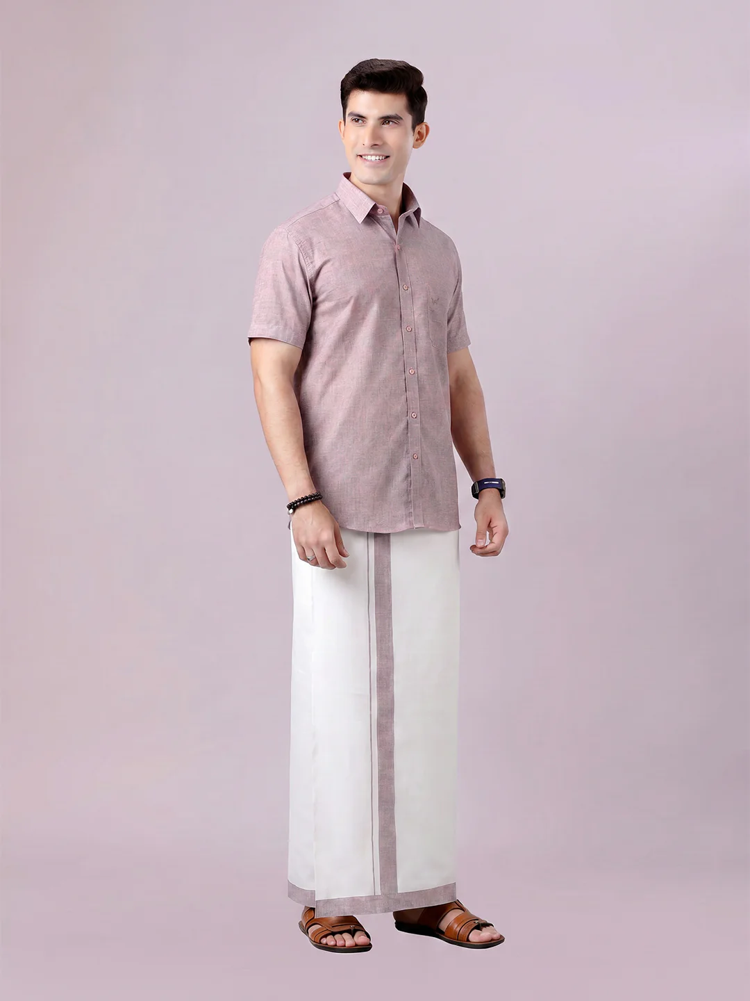 Men's Mauve Color Digital Printed Shirt with Matching Printed Border Dhoti Combo Varnam - Image 3