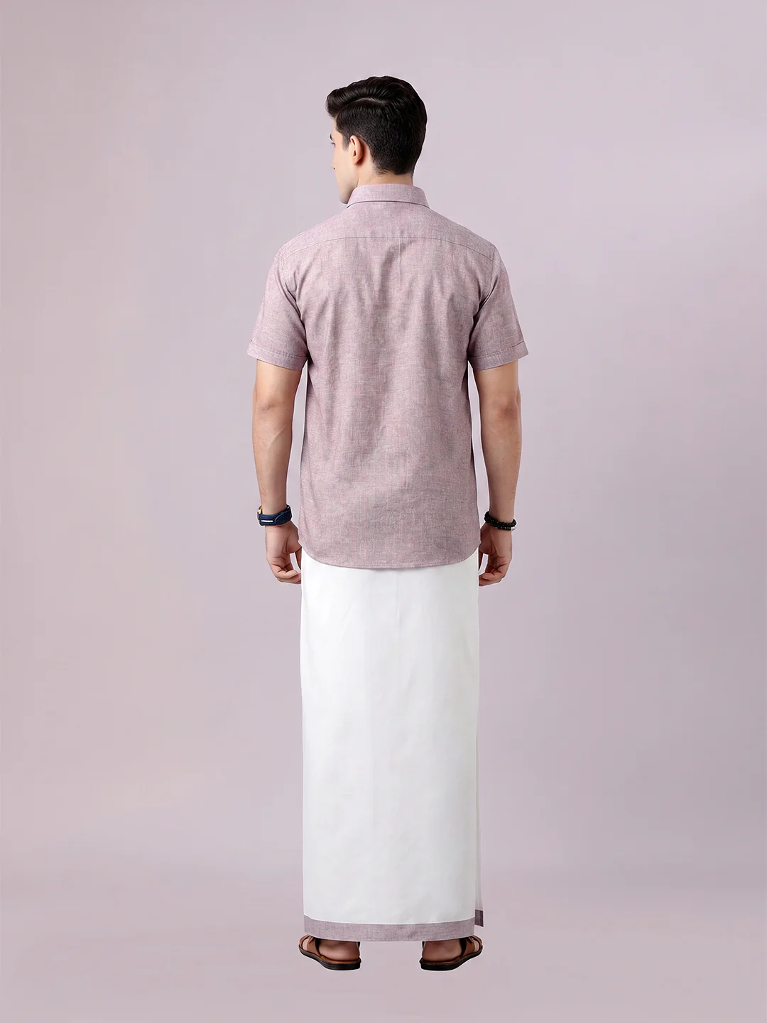 Men's Mauve Color Digital Printed Shirt with Matching Printed Border Dhoti Combo Varnam - Image 4