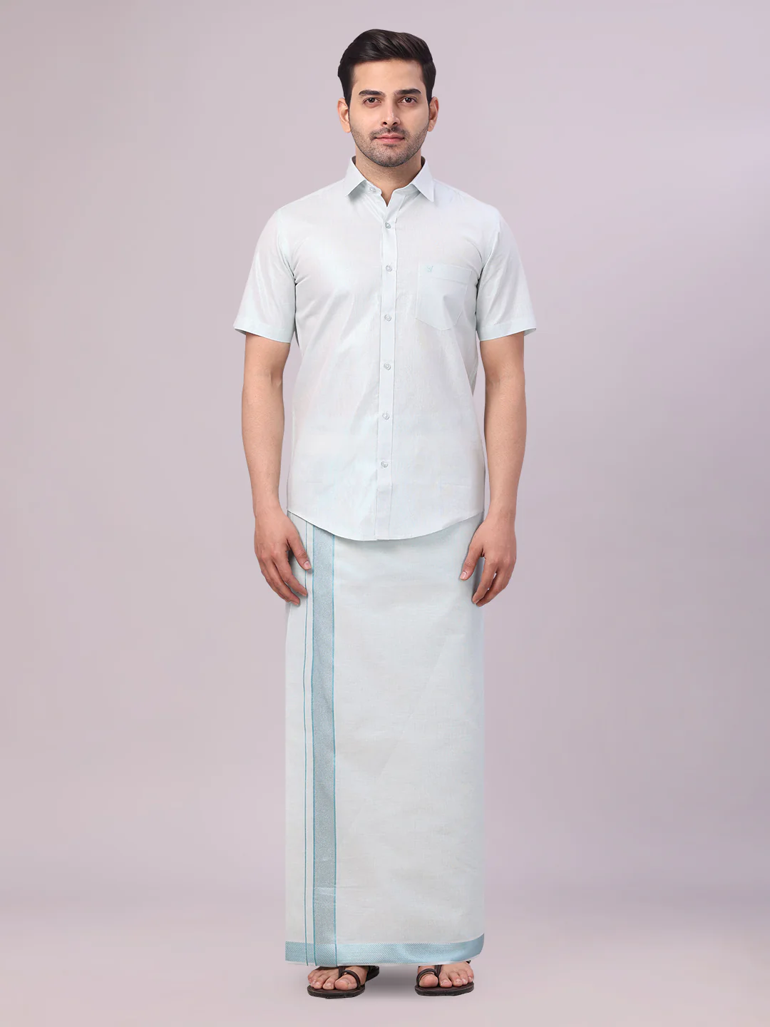Men's Mint Blue Tissue Shirt and Dhoti Set with Intricate Jacquard Border Plum