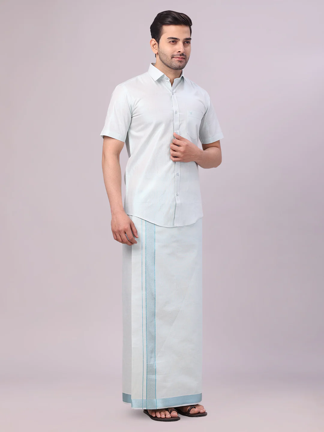 Men's Mint Blue Tissue Shirt and Dhoti Set with Intricate Jacquard Border Plum - Image 2