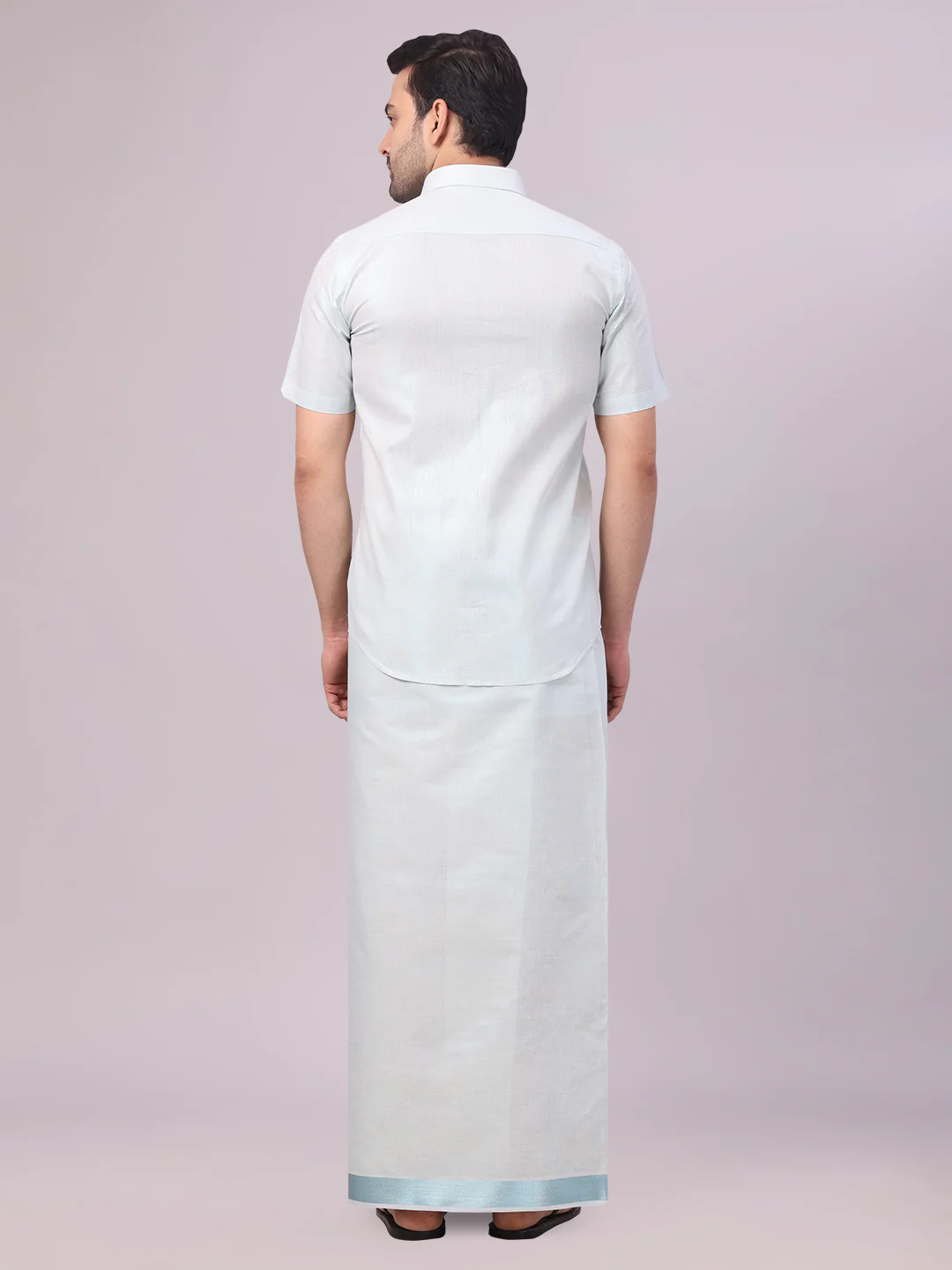 Men's Mint Blue Tissue Shirt and Dhoti Set with Intricate Jacquard Border Plum - Image 4