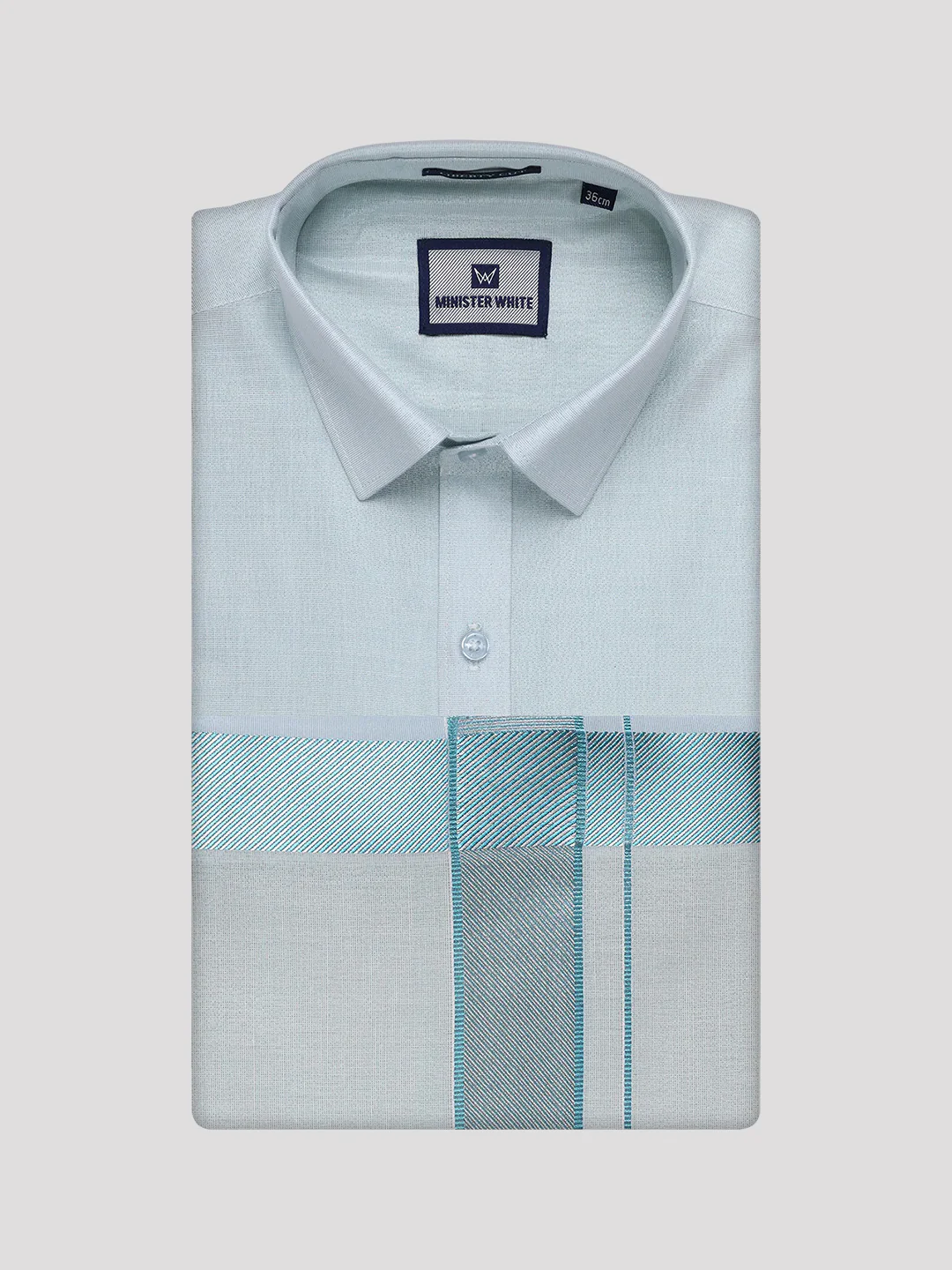 Men's Mint Blue Tissue Shirt and Dhoti Set with Intricate Jacquard Border Plum - Image 5