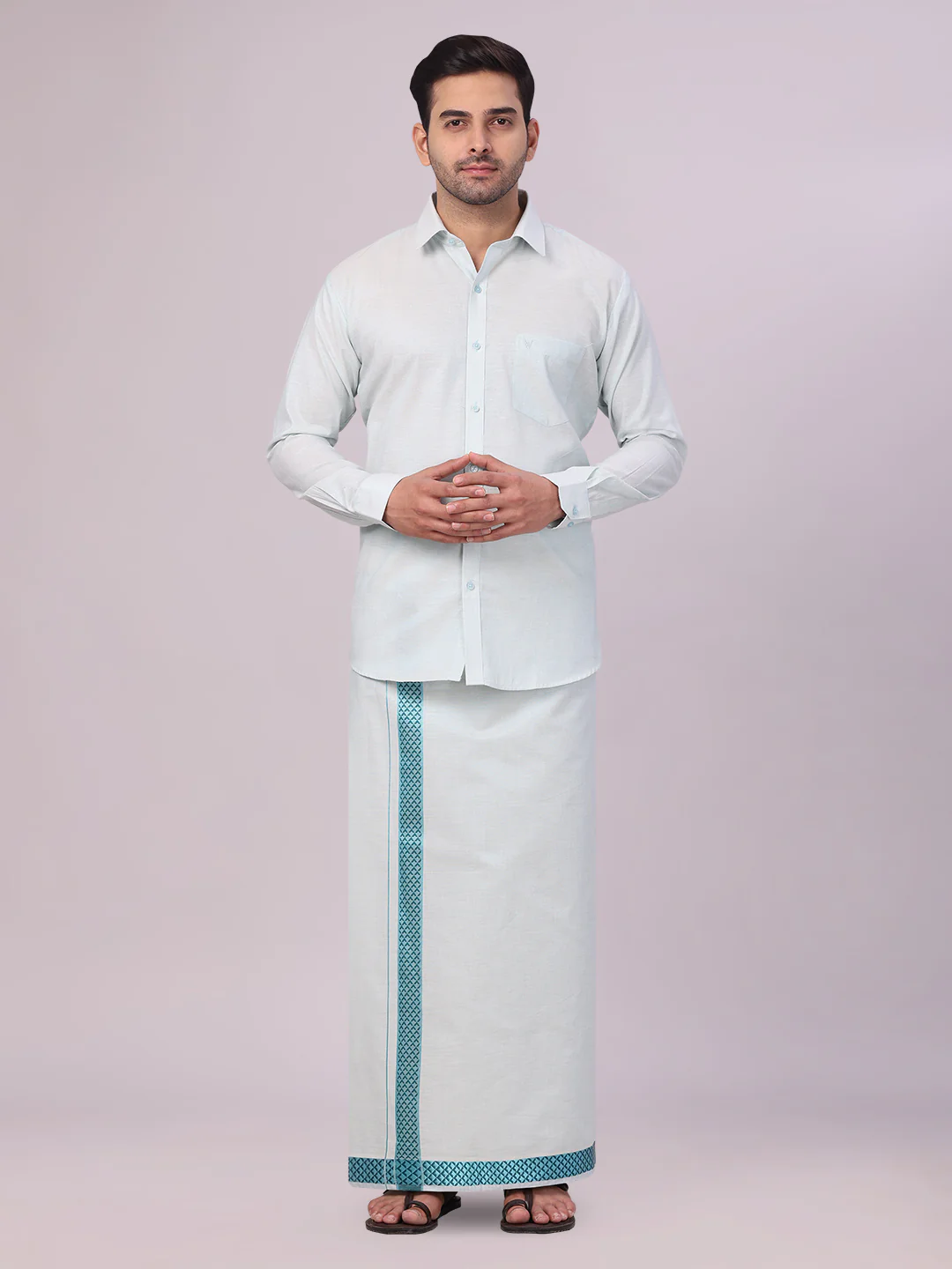 Men's Mint Blue Tissue Stripe Shirt and Dhoti Combo with Jacquard Border Kane
