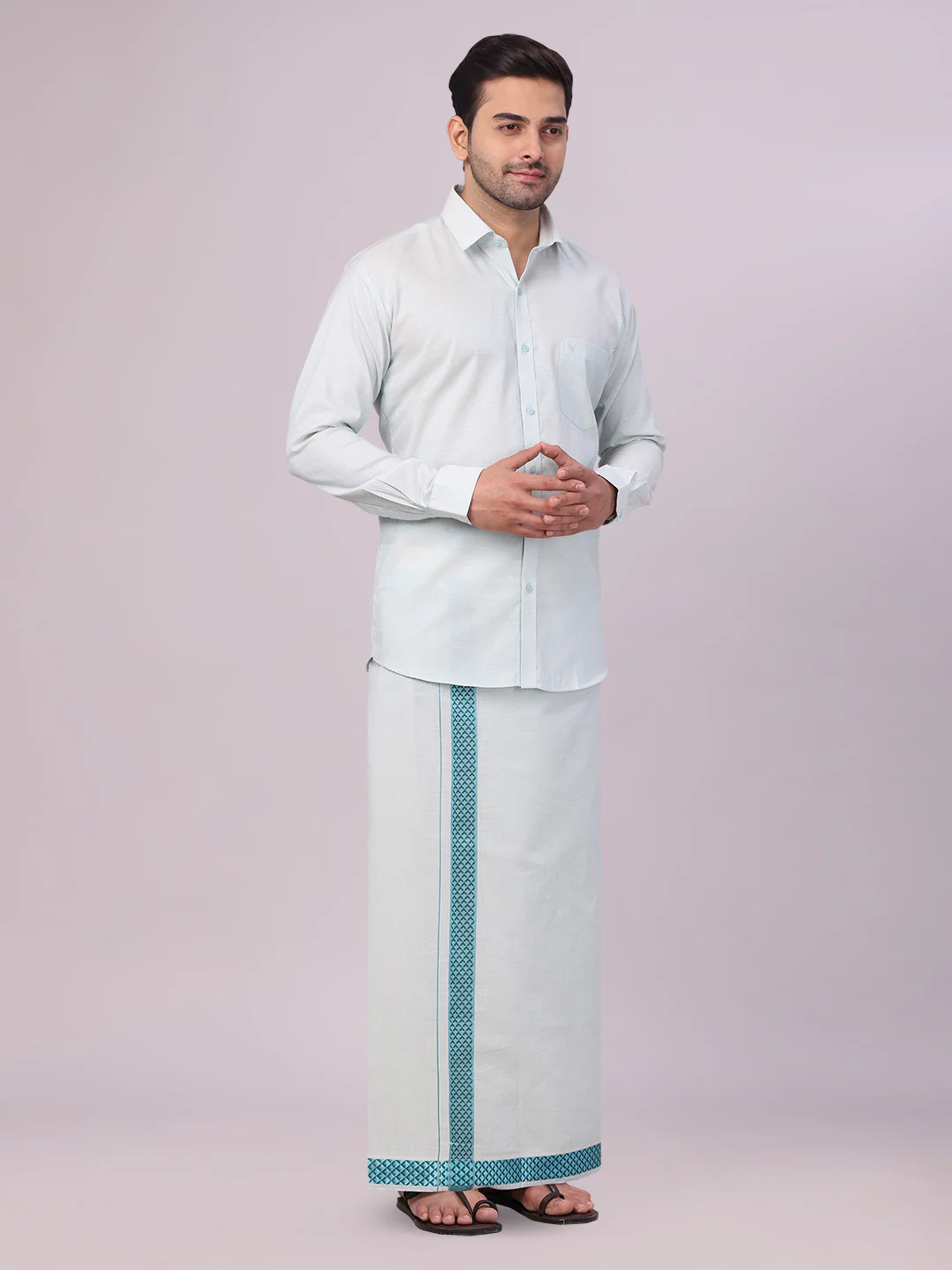 Men's Mint Blue Tissue Stripe Shirt and Dhoti Combo with Jacquard Border Kane - Image 2