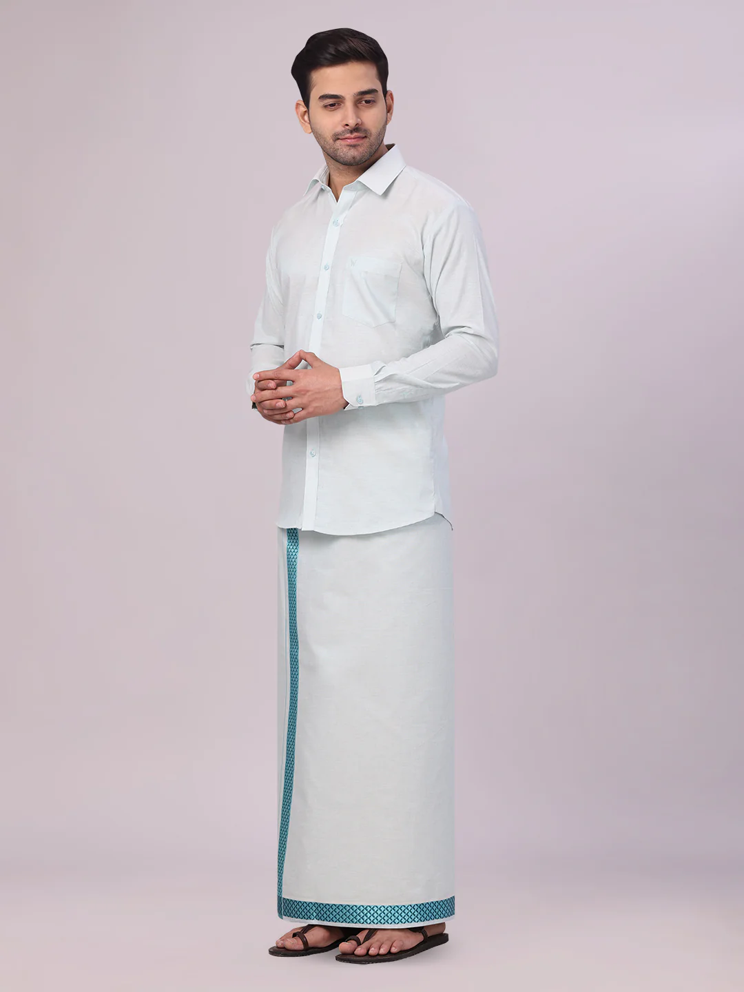 Men's Mint Blue Tissue Stripe Shirt and Dhoti Combo with Jacquard Border Kane - Image 3