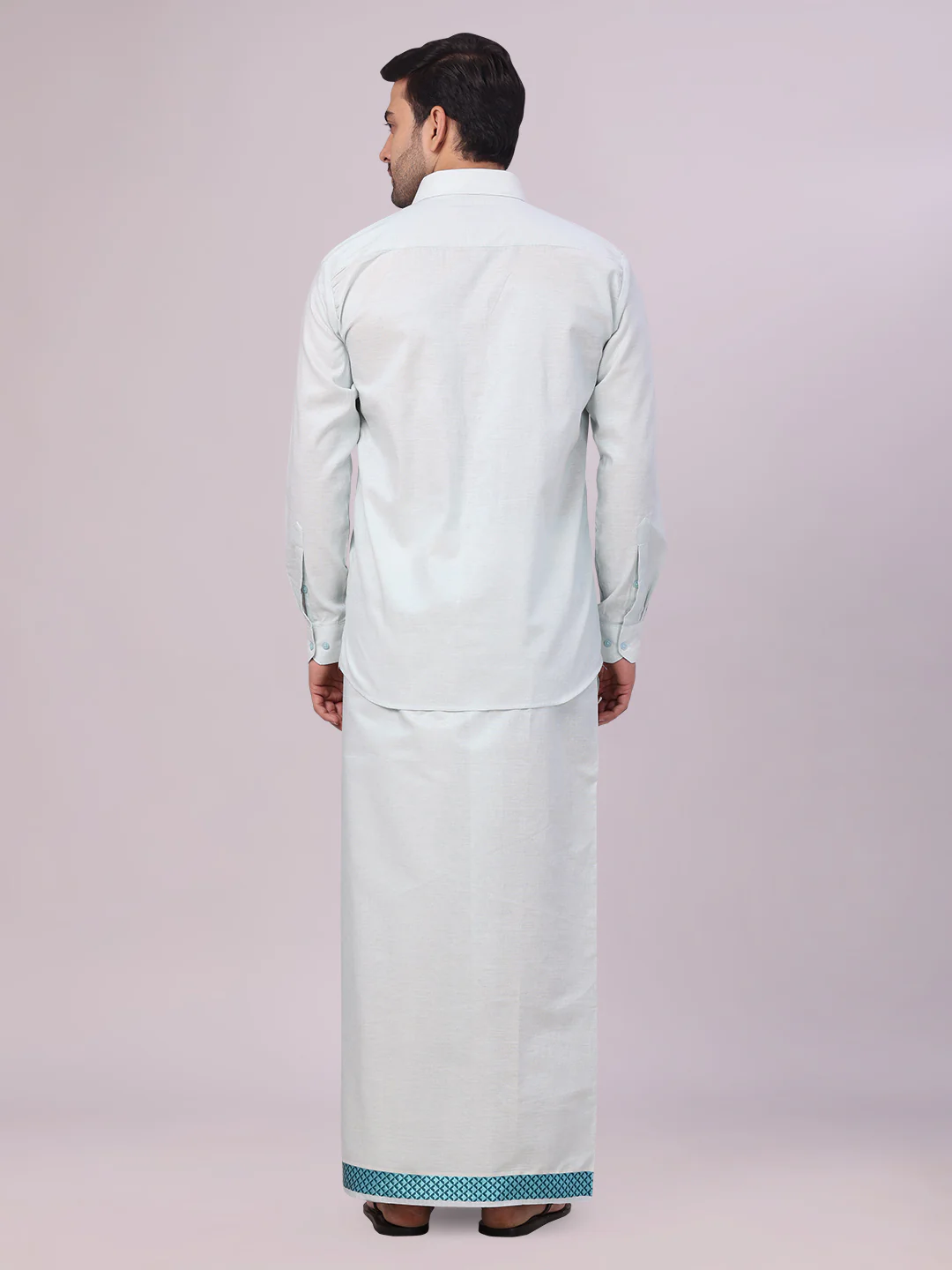 Men's Mint Blue Tissue Stripe Shirt and Dhoti Combo with Jacquard Border Kane - Image 4