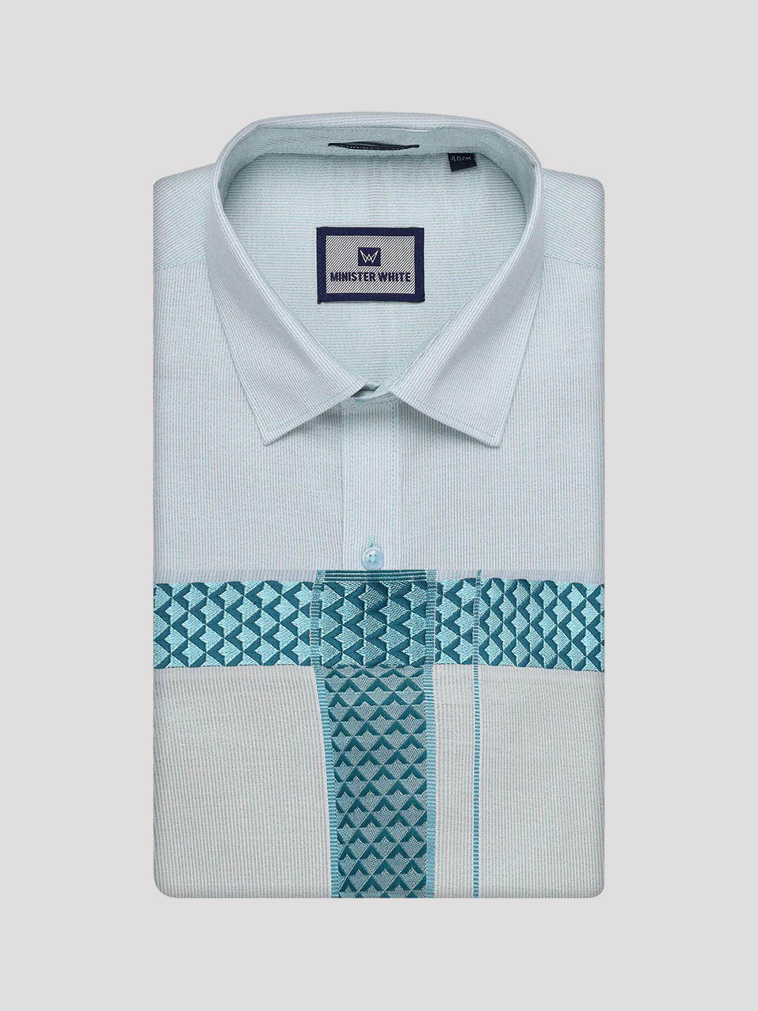 Men's Mint Blue Tissue Stripe Shirt and Dhoti Combo with Jacquard Border Kane - Image 6