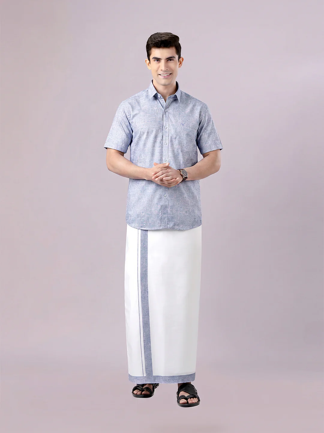 Men's Orchid Color Digital Printed Shirt with Matching Printed Border Dhoti Combo Varnam - Image 2
