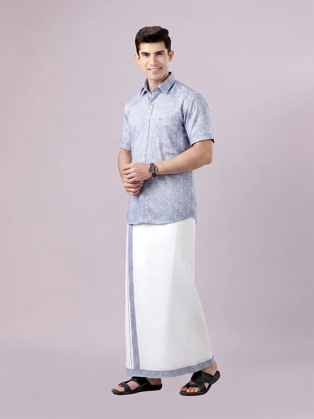 Men's Orchid Color Digital Printed Shirt with Matching Printed Border Dhoti Combo Varnam - Image 3
