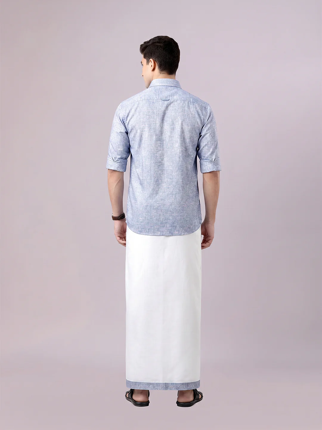 Men's Orchid Color Digital Printed Shirt with Matching Printed Border Dhoti Combo Varnam - Image 4