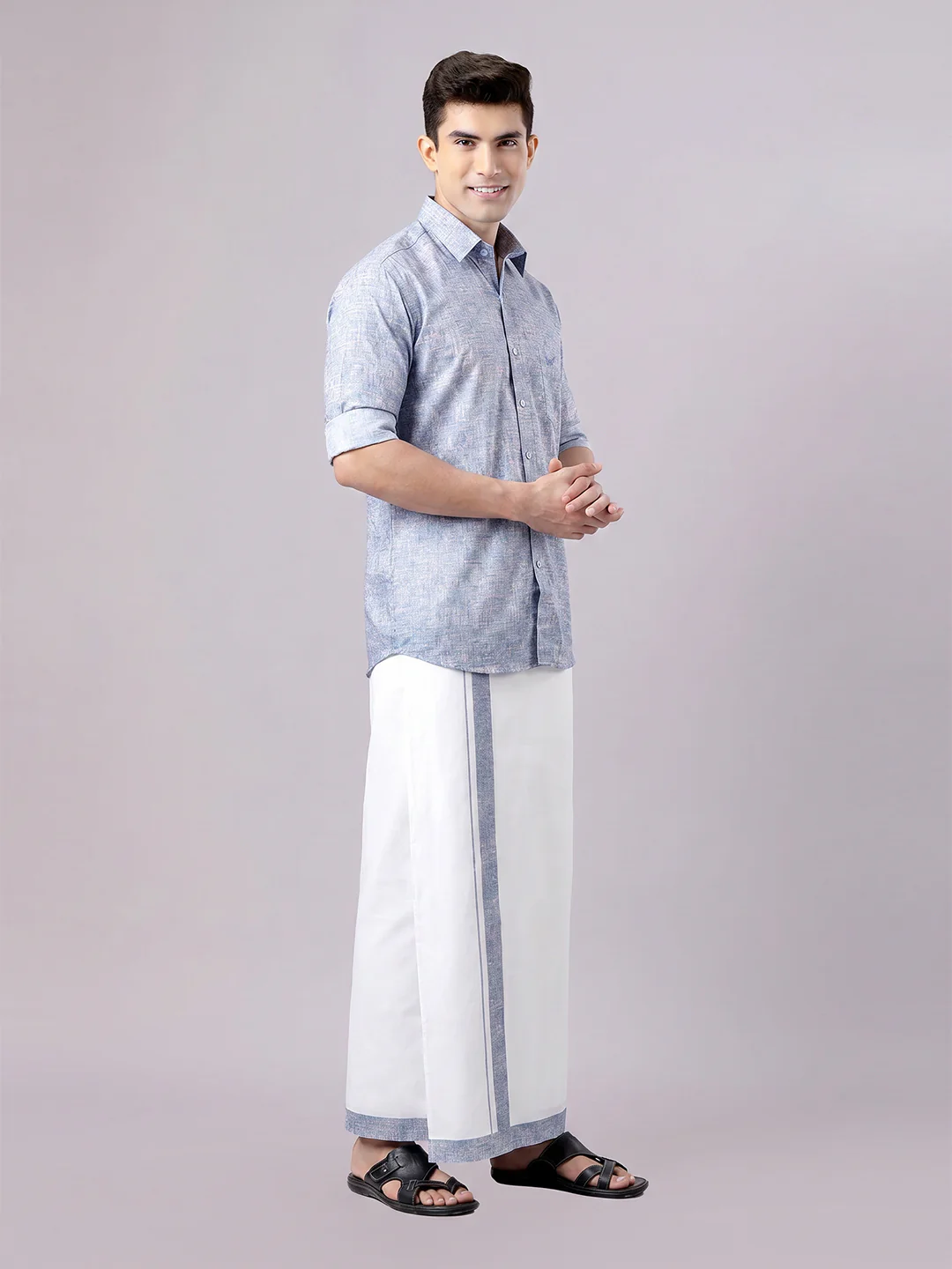 Men's Orchid Color Digital Printed Shirt with Matching Printed Border Dhoti Combo Varnam - Image 5