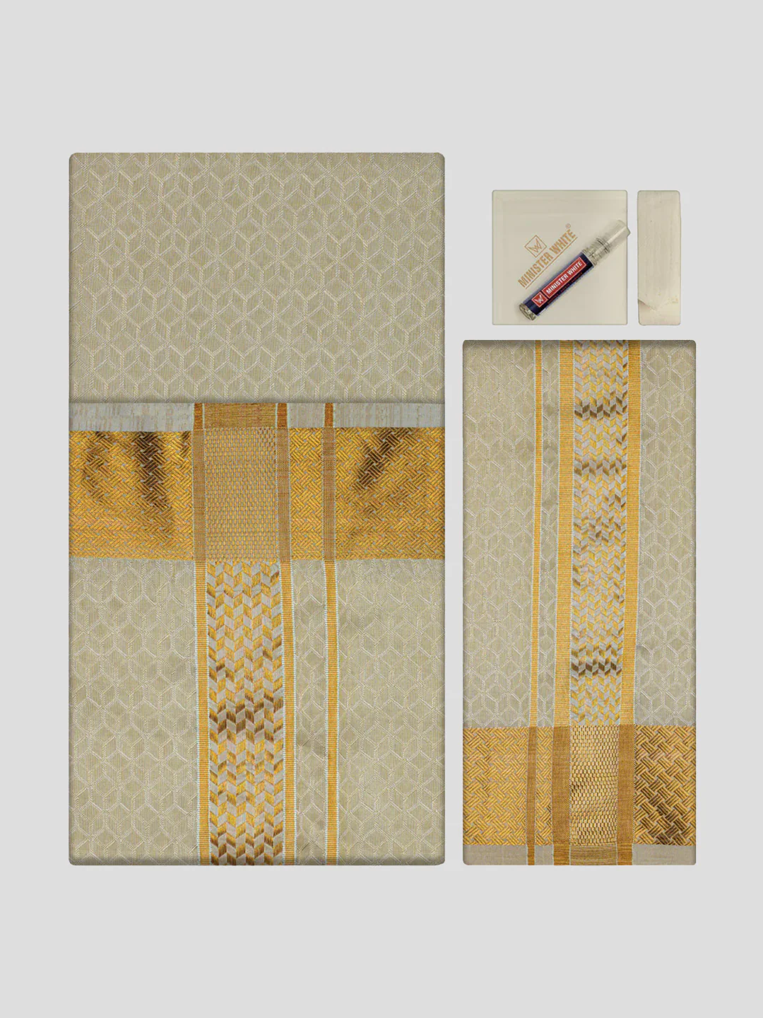Men's Premium Art Silk Cream Gold Shirt Bit with 2 1/2" Gold Jari Border Dhoti Towel Combo Sweden