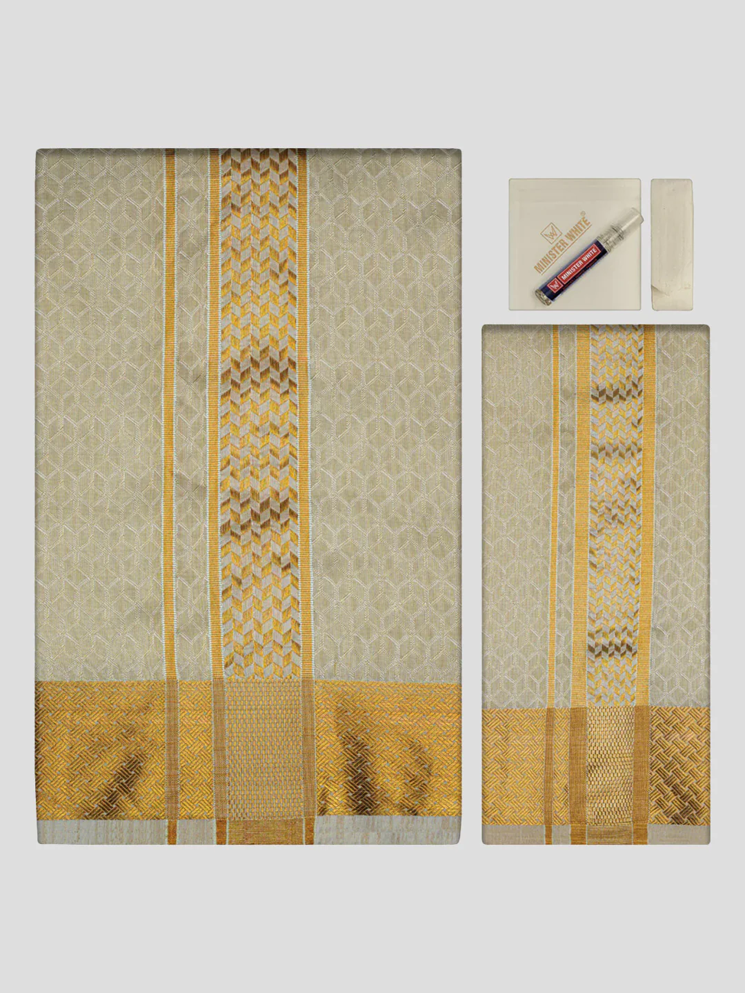 Men's Premium Art Silk Cream Gold Shirt Bit with 2 1/2" Gold Jari Border Dhoti Towel Combo Sweden - Image 2