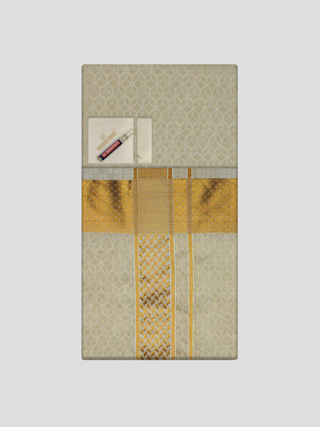 Men's Premium Art Silk Cream Gold Shirt Bit with 2 1/2" Gold Jari Border Dhoti Towel Combo Sweden - Image 3