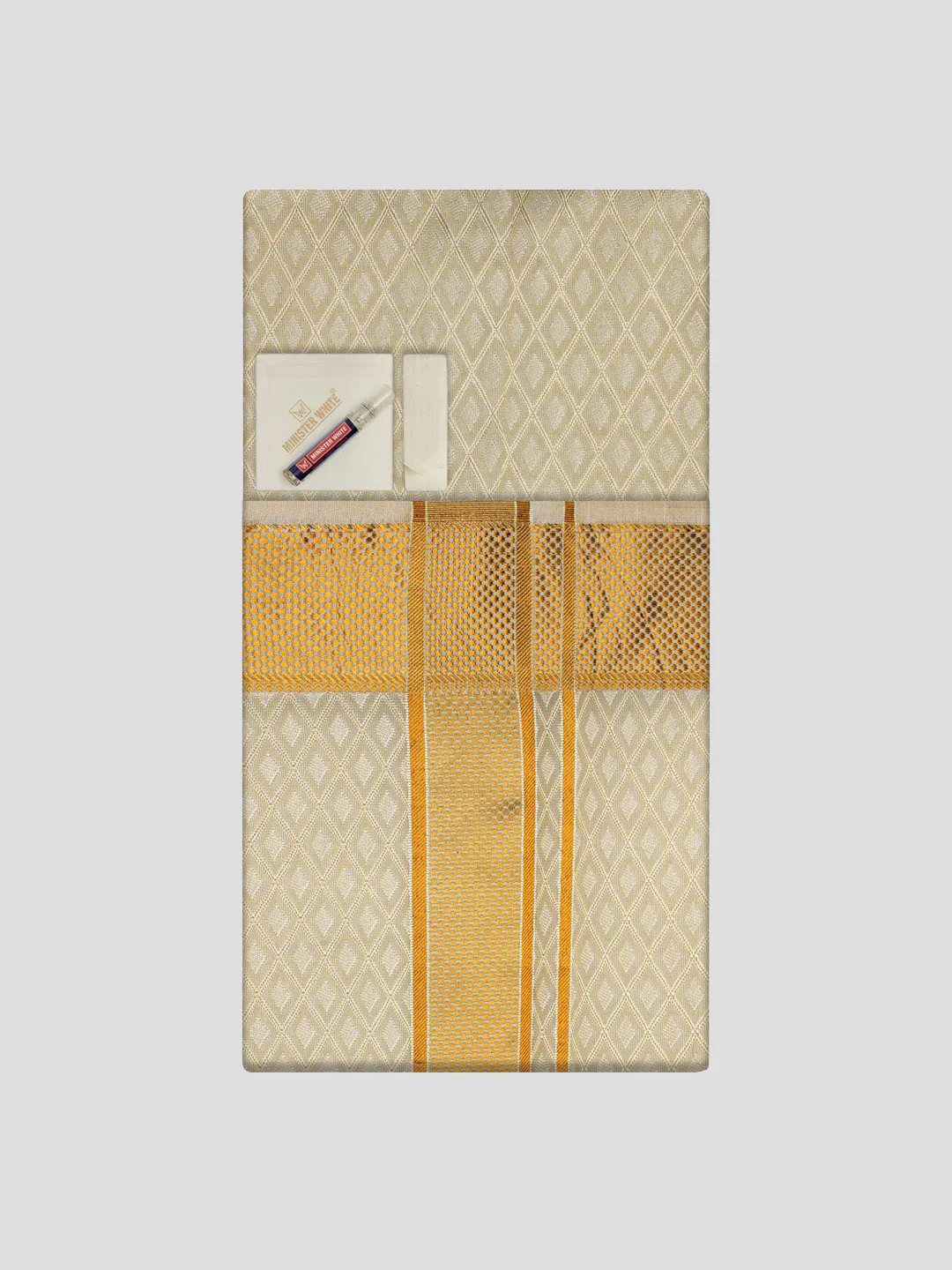 Men's Premium Art Silk Cream Shirt Bit with 2 1/2" Gold Jari Border Dhoti Combo Sweden