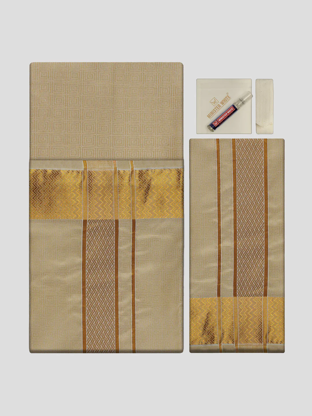 Men's Premium Art Silk Fawn Shirt Bit with 2 1/2" Gold Jari Border Dhoti Towel Combo Sieger