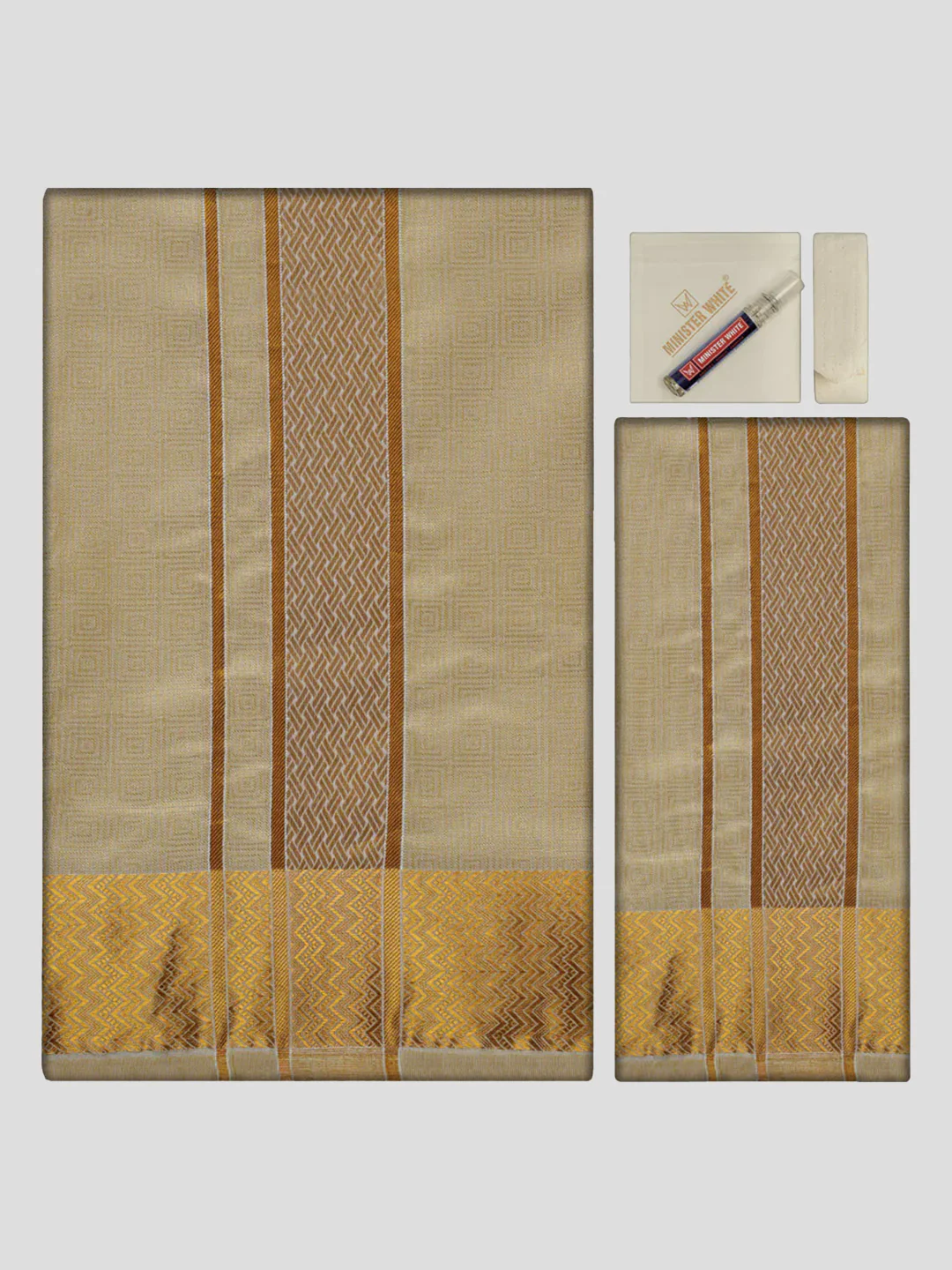 Men's Premium Art Silk Fawn Shirt Bit with 2 1/2" Gold Jari Border Dhoti Towel Combo Sieger - Image 2