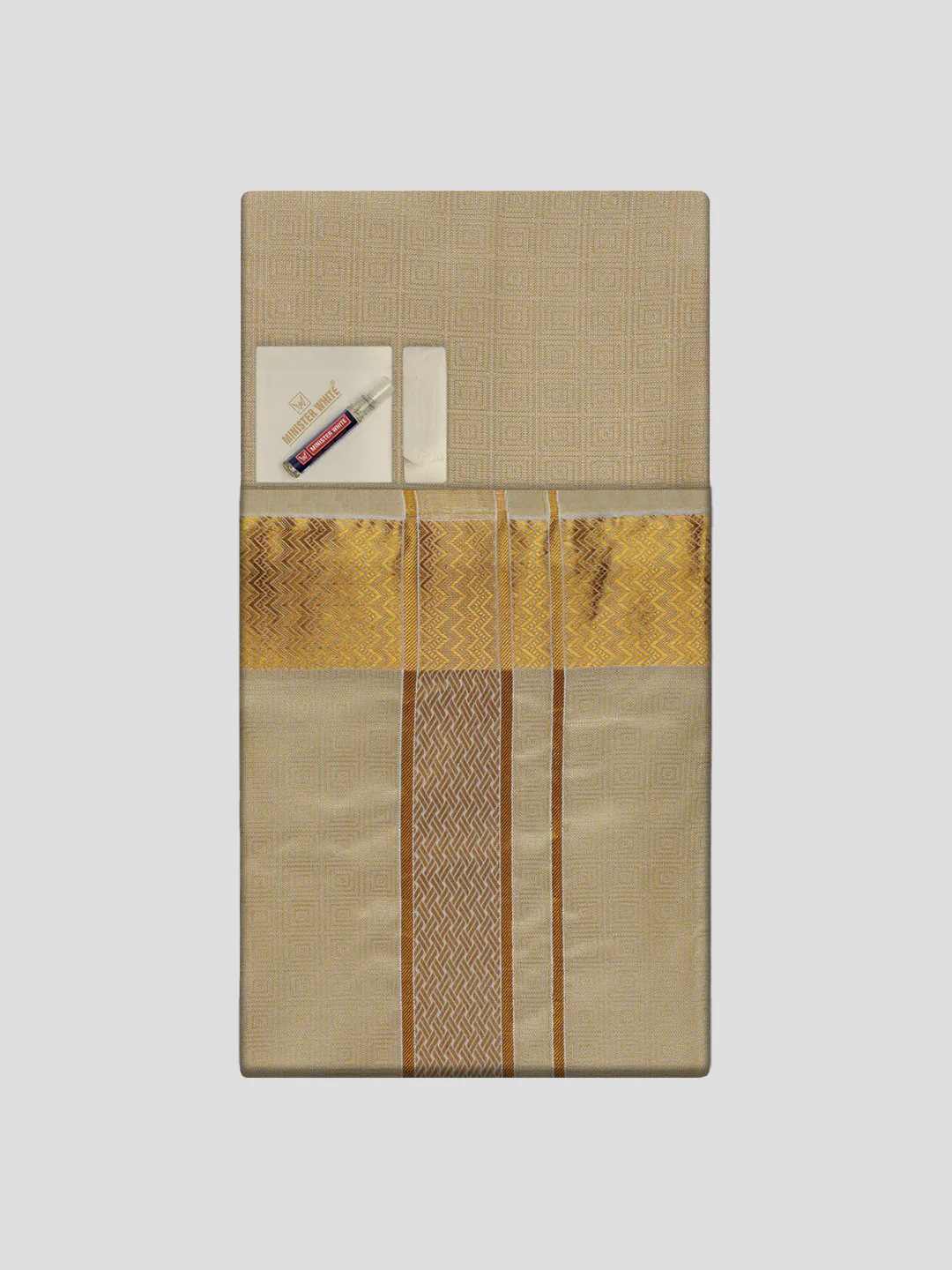 Men's Premium Art Silk Fawn Shirt Bit with 2 1/2" Gold Jari Border Dhoti Towel Combo Sieger - Image 3