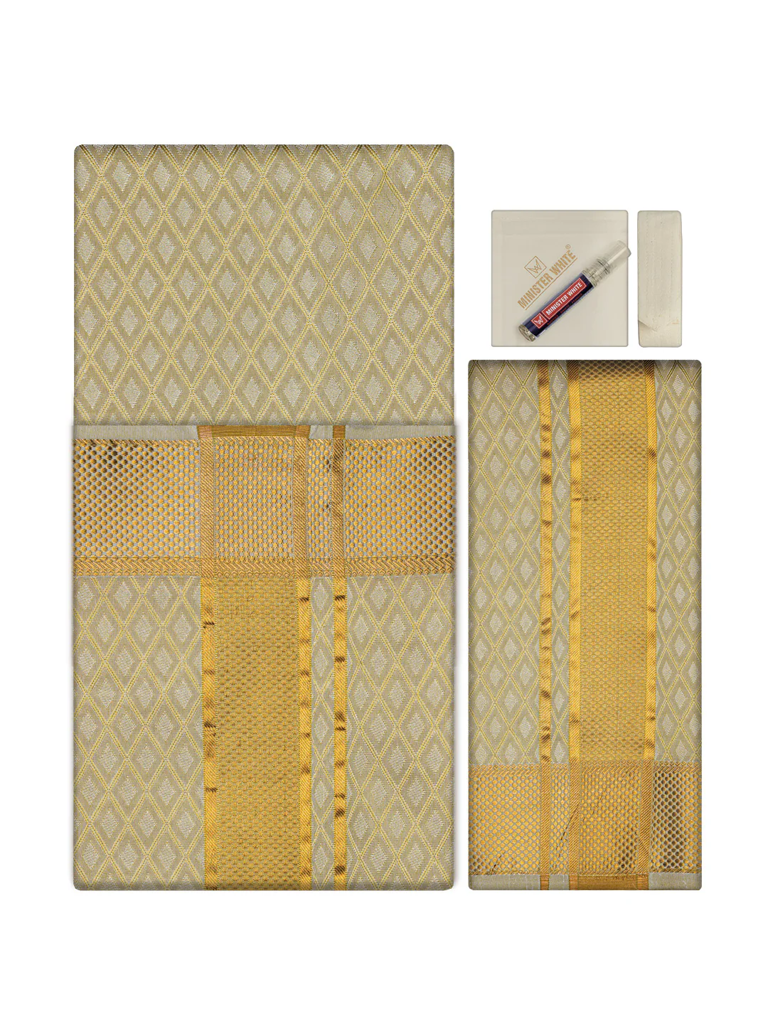 Men's Premium Art Silk Fawn Shirt Bit with 2 1/2" Gold Jari Border Dhoti Towel Combo Sweden
