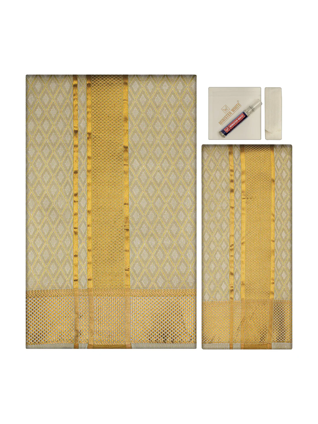 Men's Premium Art Silk Fawn Shirt Bit with 2 1/2" Gold Jari Border Dhoti Towel Combo Sweden - Image 2