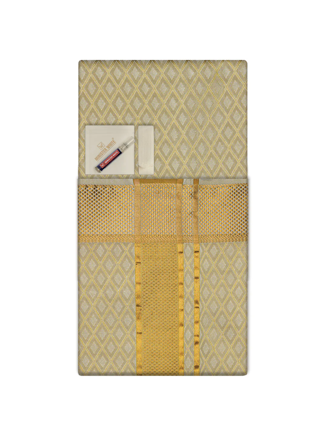 Men's Premium Art Silk Fawn Shirt Bit with 2 1/2" Gold Jari Border Dhoti Towel Combo Sweden - Image 3