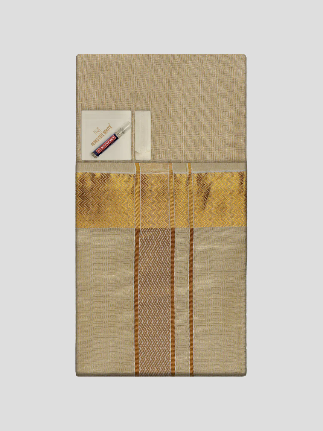 Men's Premium Art Silk Fawn Shirt Bit with 2 1/2" Gold Jari Border Dhoti Combo Sieger