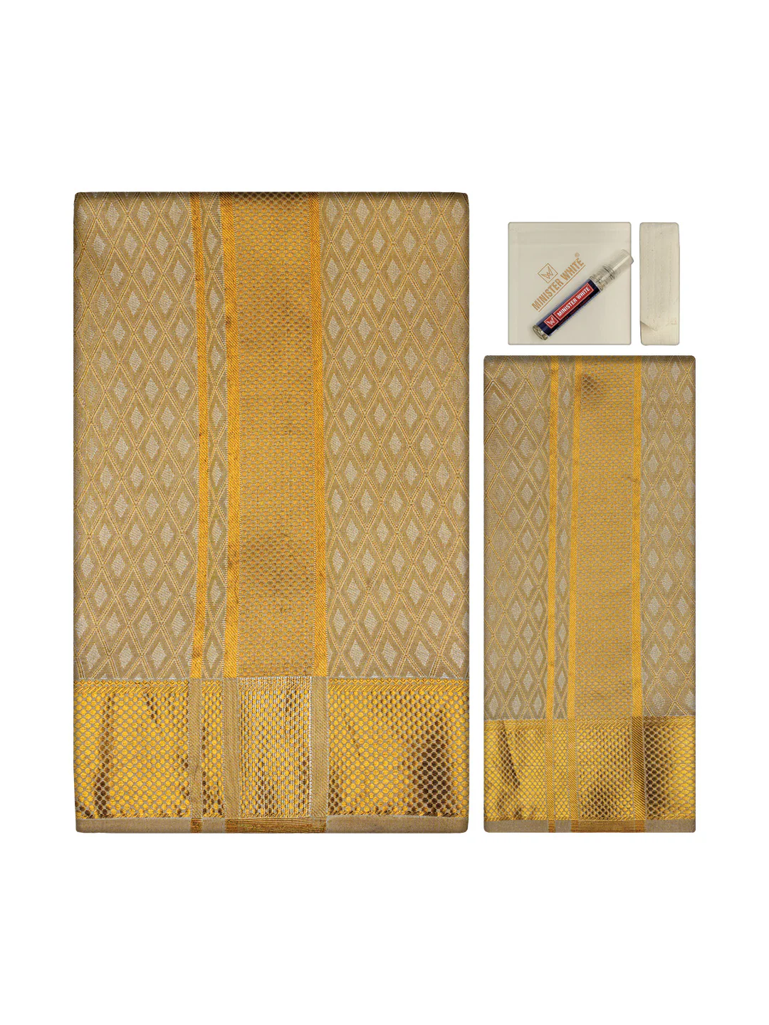 Men's Premium Art Silk Gold Shirt Bit with 2 1/2" Gold Jari Border Dhoti Towel Combo Sweden - Image 2