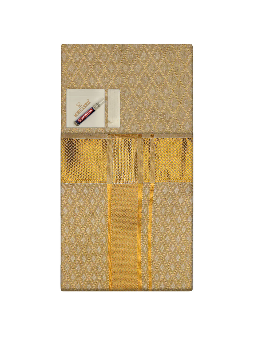 Men's Premium Art Silk Gold Shirt Bit with 2 1/2" Gold Jari Border Dhoti Towel Combo Sweden - Image 3
