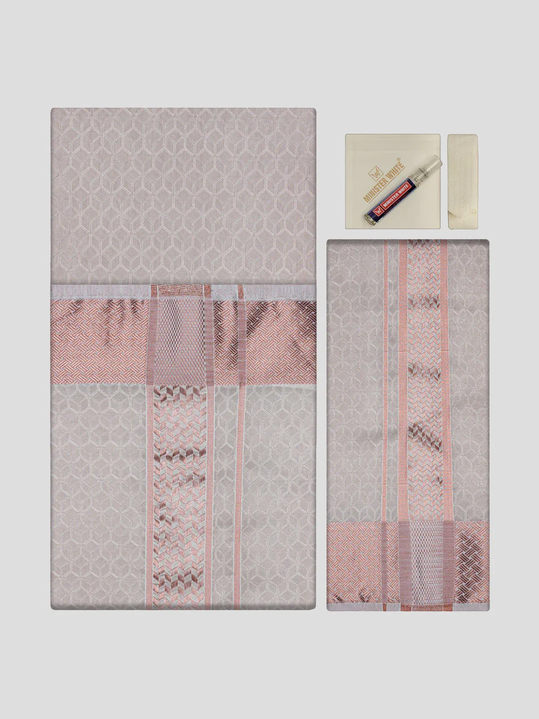 Men's Premium Art Silk Light Copper Shirt Bit with 2 1/2" Copper Jari Border Dhoti Towel Combo Sweden