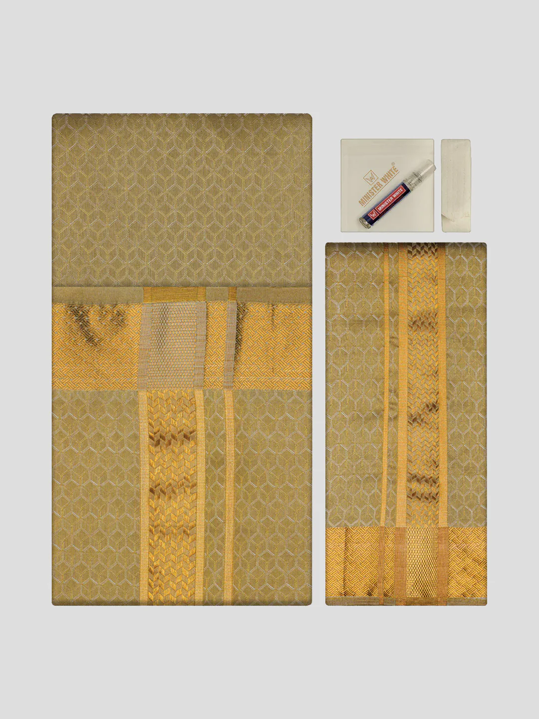 Men's Premium Art Silk Mango Shirt Bit with 2 1/2" Gold Jari Border Dhoti Towel Combo Sweden