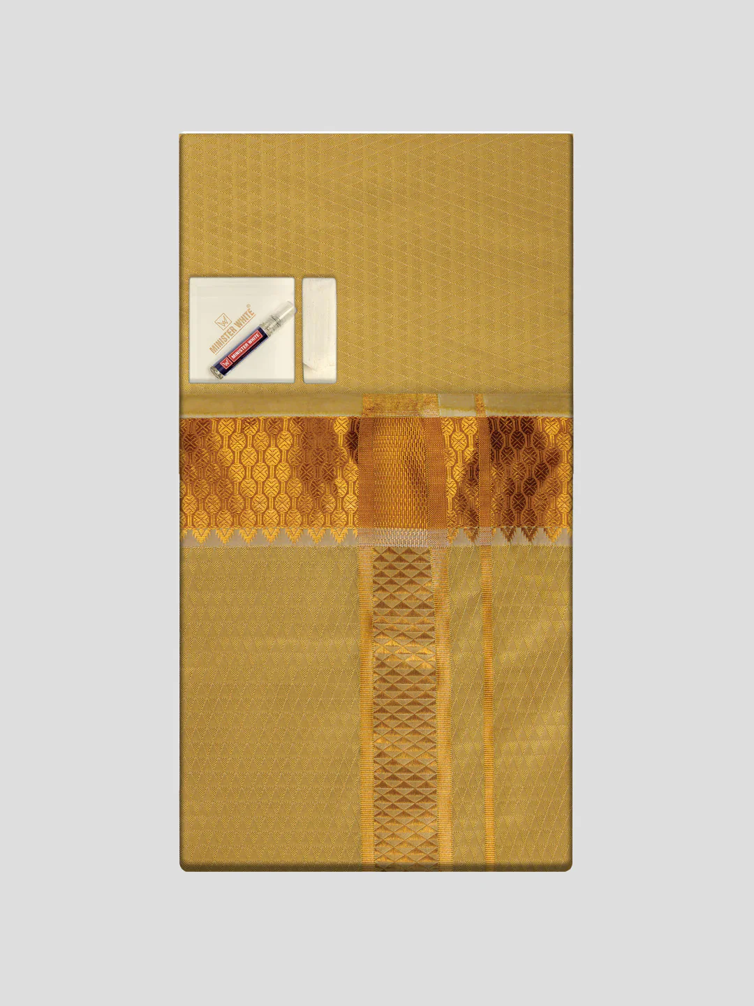 Men's Premium Art Silk Mango Shirt Bit with 2 1/2" Gold Jari Border Dhoti Combo Sieger