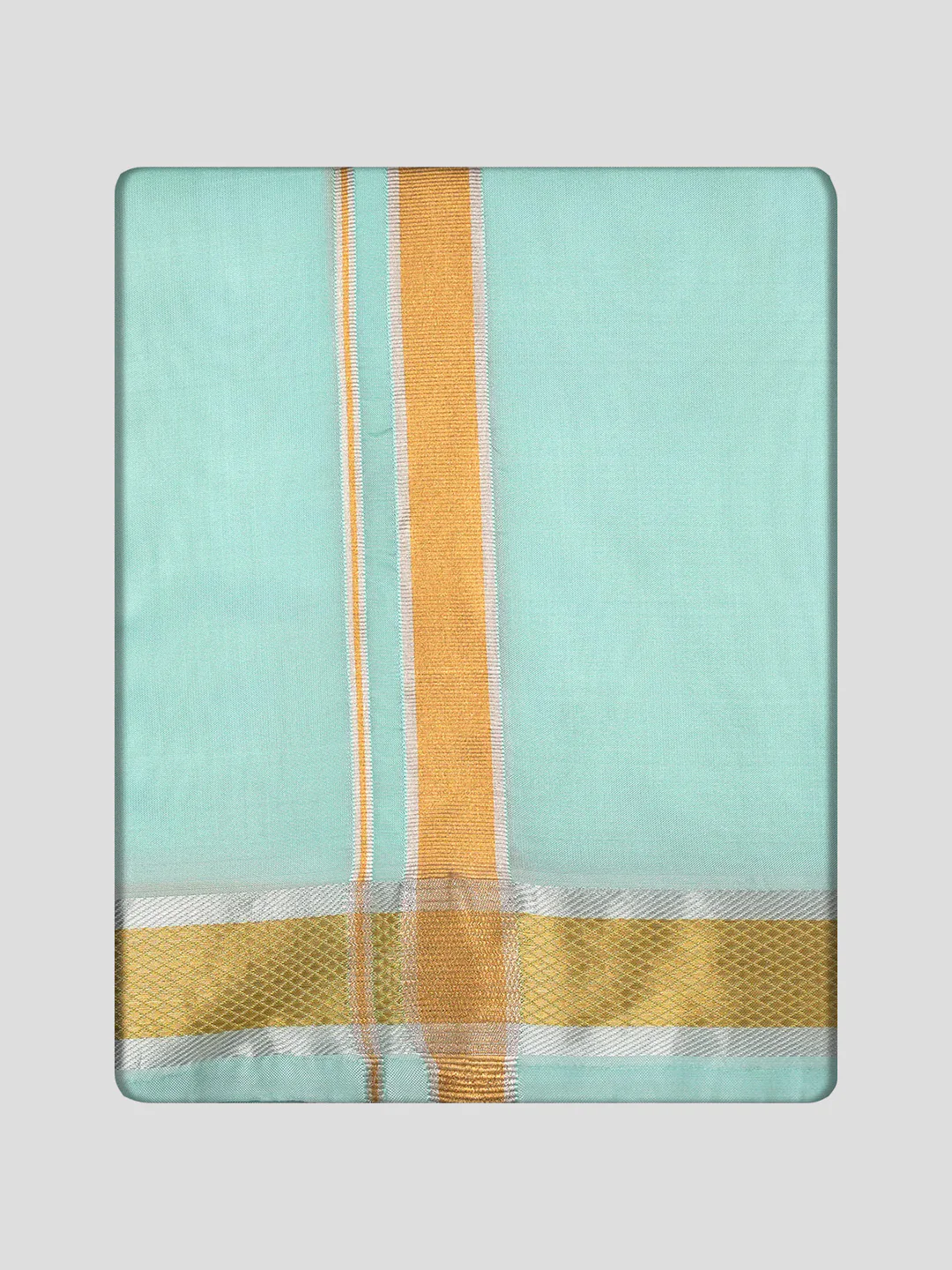 Men's Premium Art Silk Mint Leaf Green Shirt Bit with Gold Jari Border Dhoti Towel Combo Wedding Wonders - Image 3