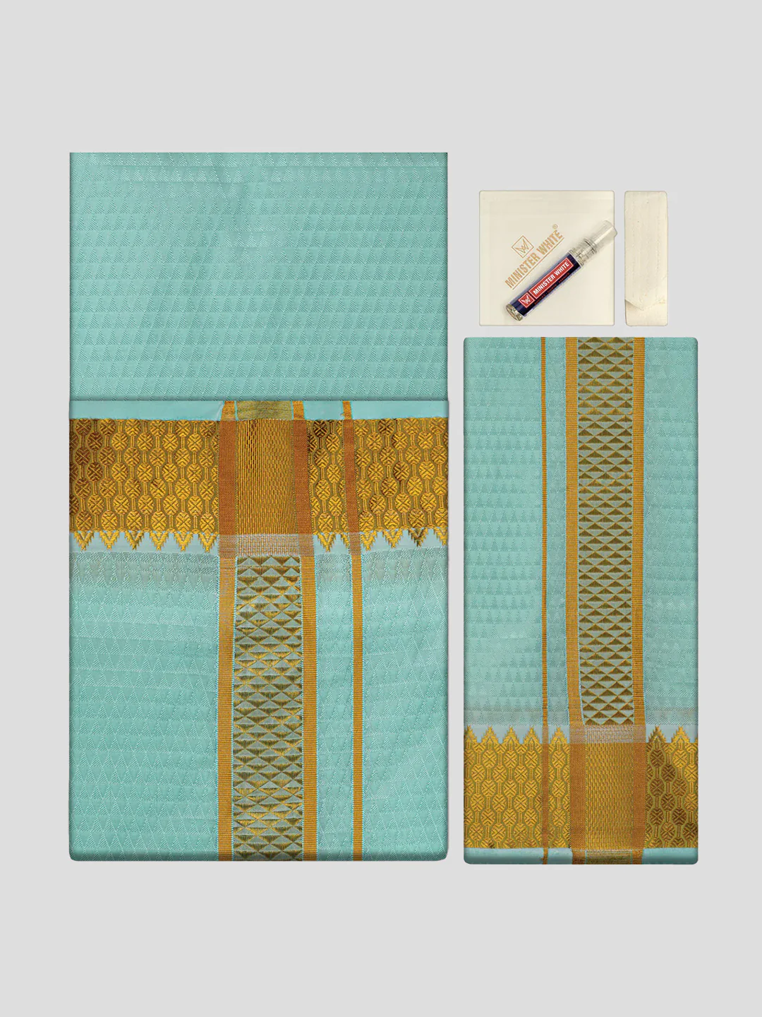 Men's Premium Art Silk Mint Shirt Bit with 2 1/2" Gold Jari Border Dhoti Towel Combo Sieger