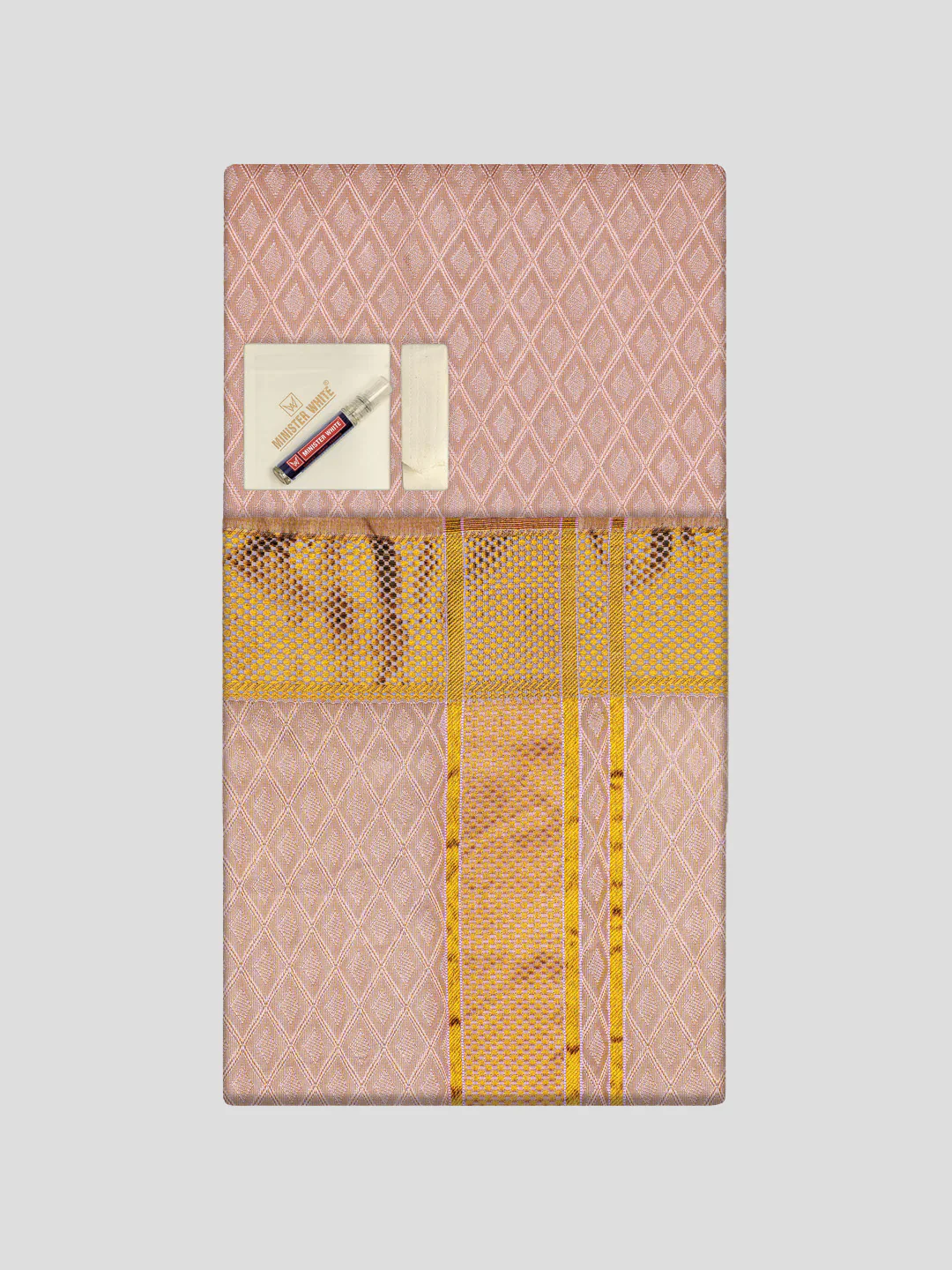Men's Premium Art Silk Pink Shirt Bit with 2 1/2" Gold Jari Border Dhoti Combo Sweden