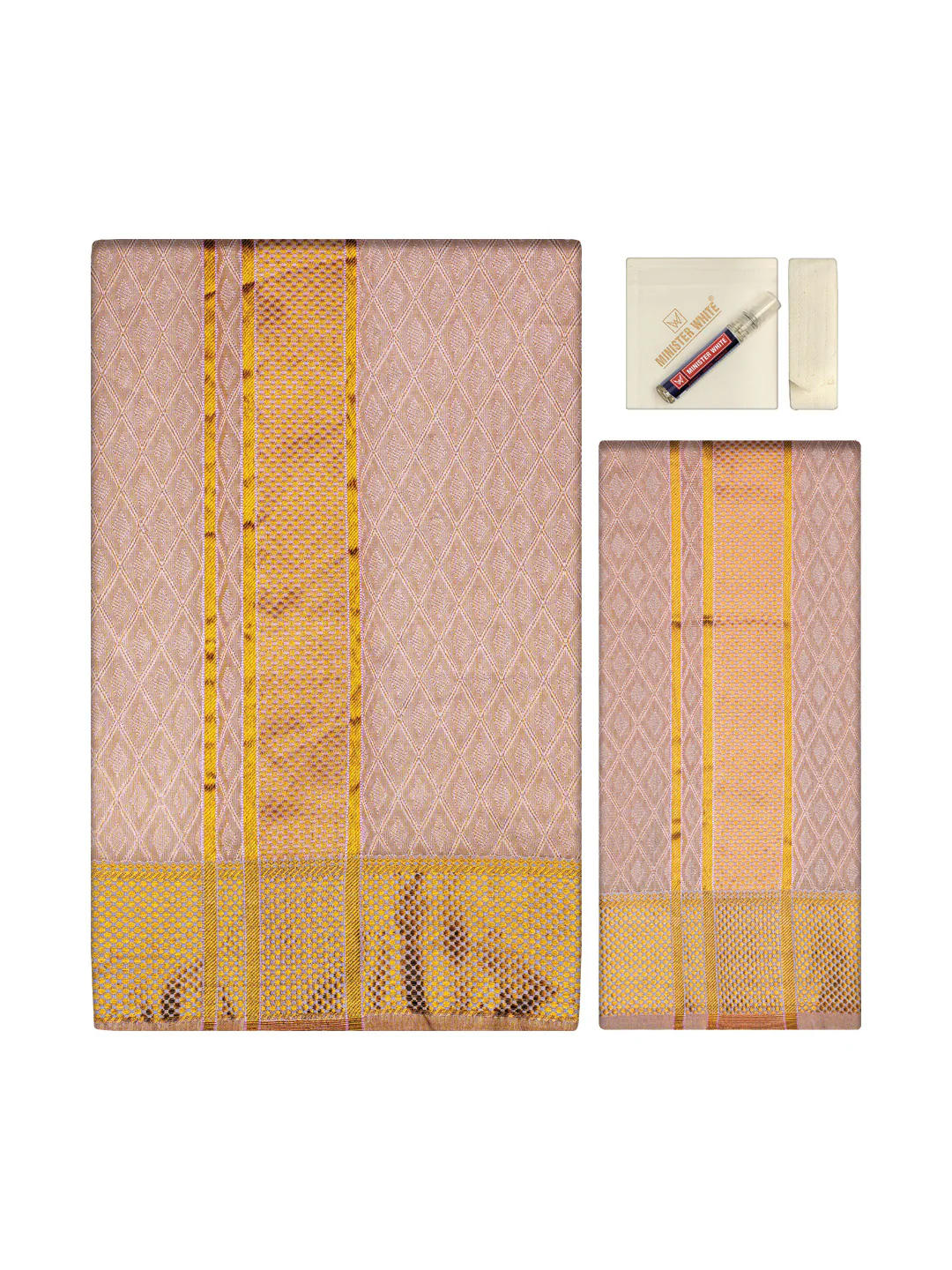 Men's Premium Art Silk Pink Shirt Bit with 2 1/2" Gold Jari Border Dhoti Towel Combo Sweden - Image 2