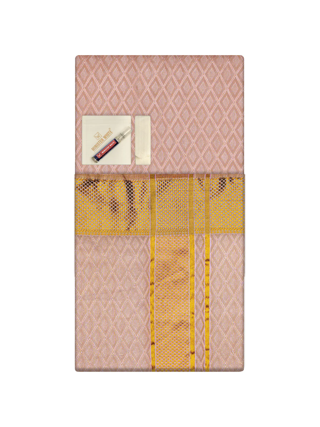 Men's Premium Art Silk Pink Shirt Bit with 2 1/2" Gold Jari Border Dhoti Towel Combo Sweden - Image 3
