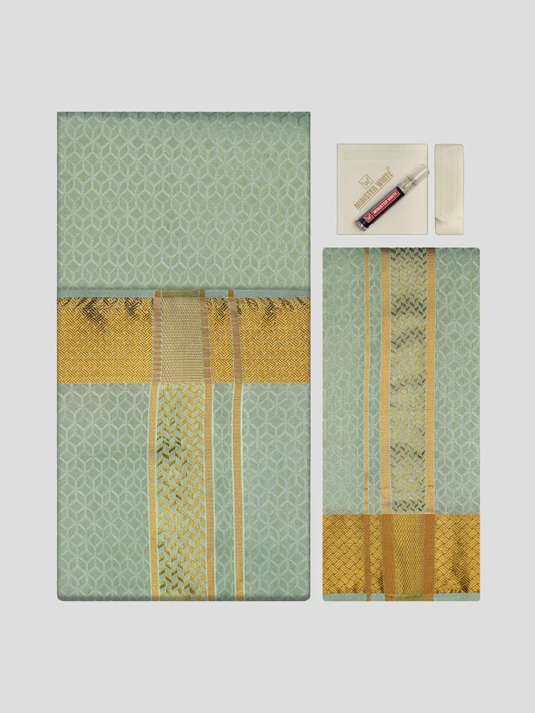 Men's Premium Art Silk Pista Green Shirt Bit with 2 1/2" Gold Jari Border Dhoti Towel Combo Sweden