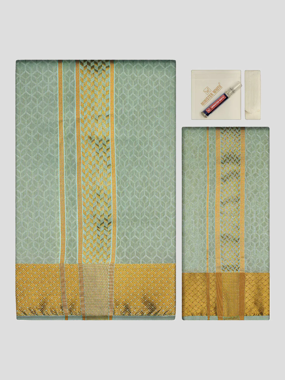 Men's Premium Art Silk Pista Green Shirt Bit with 2 1/2" Gold Jari Border Dhoti Towel Combo Sweden - Image 2