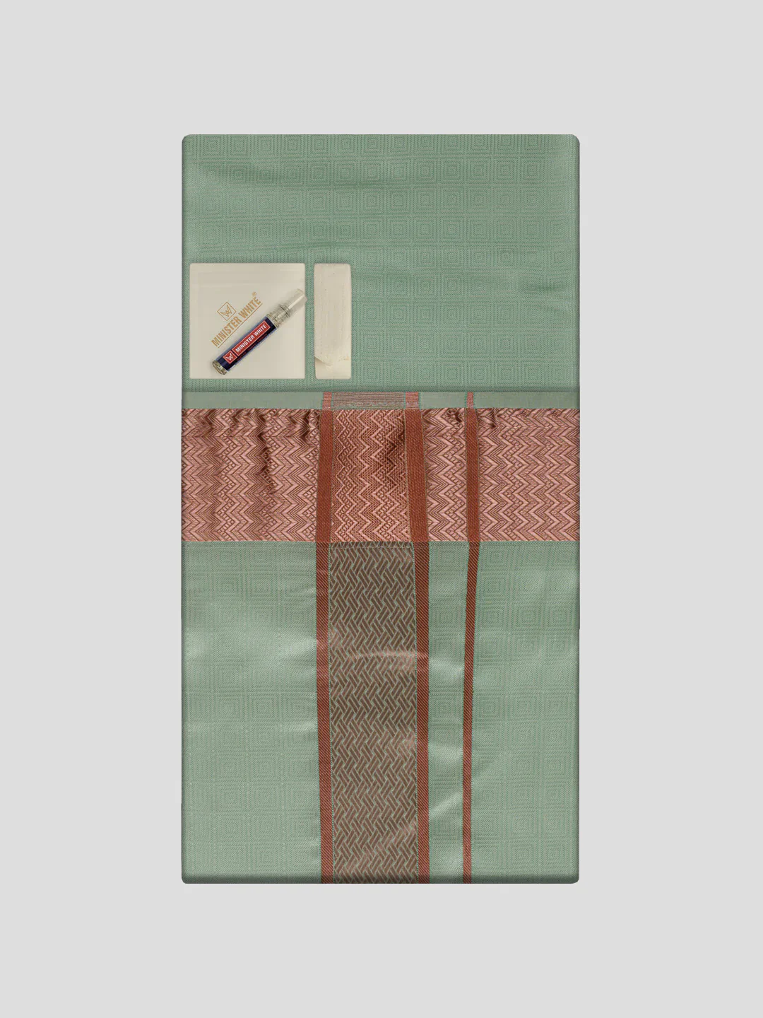 Men's Premium Art Silk Pista Shirt Bit with 2 1/2" Copper Jari Border Dhoti Combo Sieger