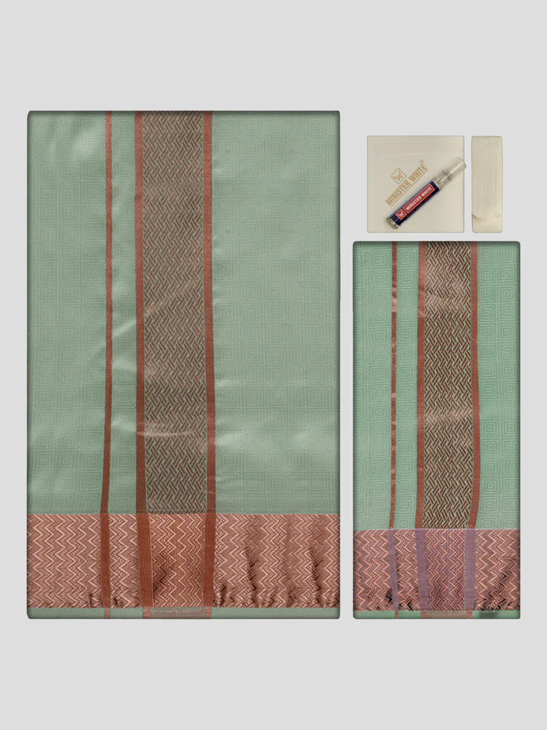 Men's Premium Art Silk Pista Shirt Bit with 2 1/2" Copper Jari Border Dhoti Towel Combo Sieger - Image 2